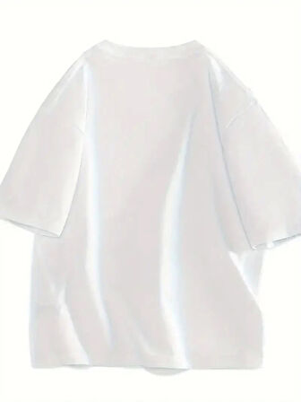 Yonca Moda Evi Baskılı Oversize Bisiklet Yaka T-shirt - Beyaz