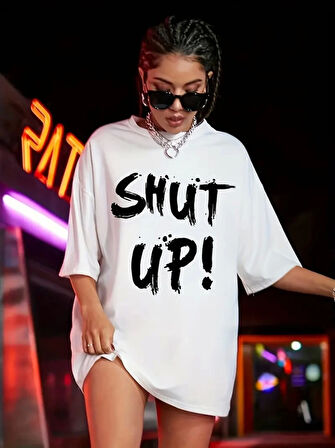 Yonca Moda Evi Baskılı Oversize Bisiklet Yaka T-shirt - Beyaz