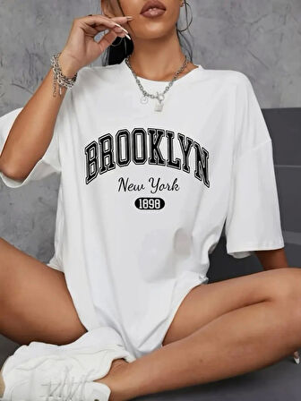 Yonca Moda Evi Baskılı Oversize Bisiklet Yaka T-shirt - Beyaz