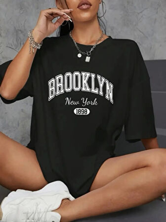Yonca Moda Evi Baskılı Oversize Bisiklet Yaka T-shirt - Siyah