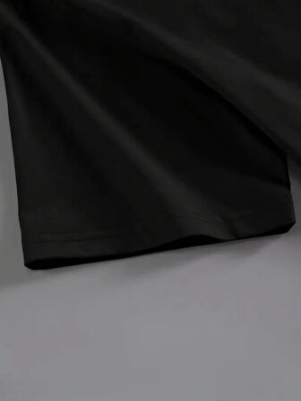 Yonca Moda Evi Baskılı Oversize Bisiklet Yaka T-shirt - Siyah