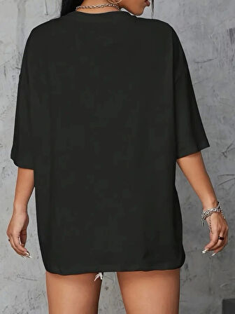 Yonca Moda Evi Baskılı Oversize Bisiklet Yaka T-shirt - Siyah