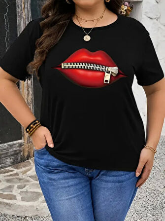 Yonca Moda Evi Baskılı Oversize Bisiklet Yaka T-shirt - Siyah