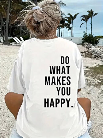 Yonca Moda Evi Baskılı Oversize Bisiklet Yaka T-shirt - Beyaz
