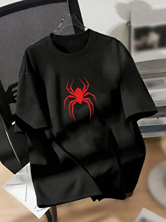 Yonca Moda Evi Baskılı Oversize Bisiklet Yaka T-shirt - Siyah