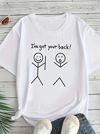 Yonca Moda Evi Baskılı Oversize Bisiklet Yaka T-shirt - Beyaz