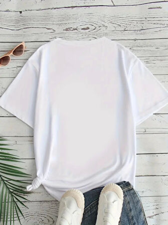 Yonca Moda Evi Baskılı Oversize Bisiklet Yaka T-shirt - Beyaz
