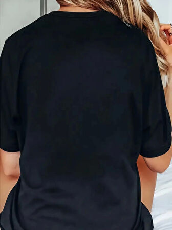 Yonca Moda Evi Baskılı Oversize Bisiklet Yaka T-shirt - Siyah