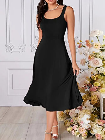 Yonca Moda Evi Kadın Askılı Kare Yaka Yırtmaçlı Midi Janjan Krep Elbise
