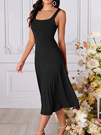 Yonca Moda Evi Kadın Askılı Kare Yaka Yırtmaçlı Midi Janjan Krep Elbise