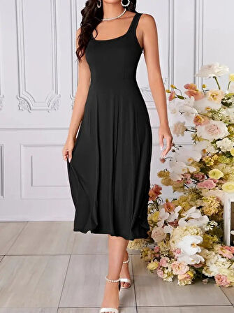 Yonca Moda Evi Kadın Askılı Kare Yaka Yırtmaçlı Midi Janjan Krep Elbise