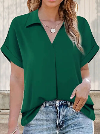 Yonca Moda Evi Kadın Kısa Kollu Yakalı Uzun Sandy Bluz