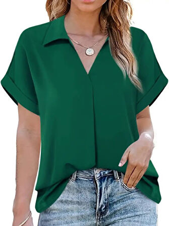 Yonca Moda Evi Kadın Kısa Kollu Yakalı Uzun Sandy Bluz