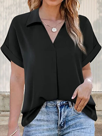 Yonca Moda Evi Kadın Kısa Kollu Yakalı Uzun Sandy Bluz