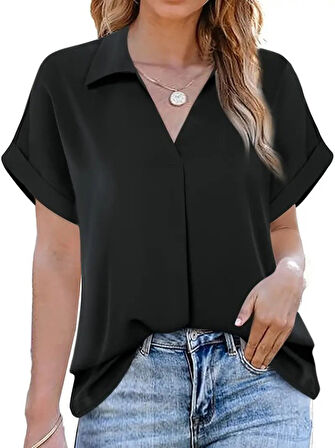 Yonca Moda Evi Kadın Kısa Kollu Yakalı Uzun Sandy Bluz