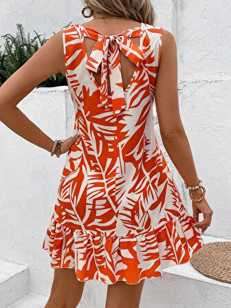 Yonca Moda Evi Kadın Sıfır Kollu Bisiklet Yakalı Fırfırlı Desenli Sofya Elbise