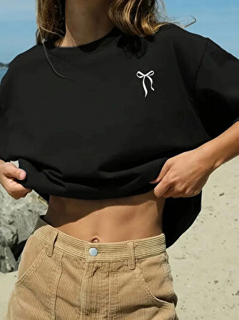 Yonca Moda Evi Fiyonk Baskılı Siyah Oversize Unisex T-shirt- Siyah