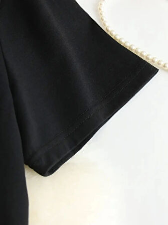 Yonca Moda Evi Baskılı Oversize Bisiklet Yaka T-shirt - Siyah