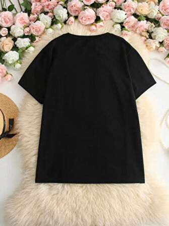 Yonca Moda Evi Baskılı Oversize Bisiklet Yaka T-shirt - Siyah