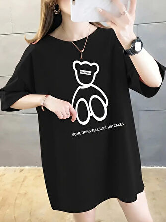 Yonca Moda Evi Baskılı Oversize Bisiklet Yaka T-shirt - Siyah