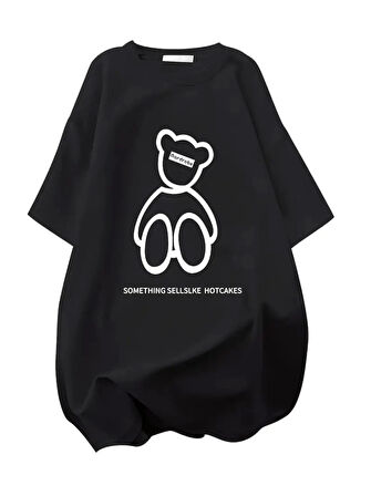 Yonca Moda Evi Baskılı Oversize Bisiklet Yaka T-shirt - Siyah