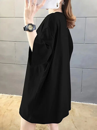 Yonca Moda Evi Baskılı Oversize Bisiklet Yaka T-shirt - Siyah