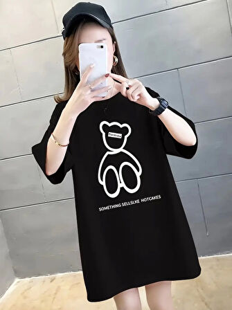Yonca Moda Evi Baskılı Oversize Bisiklet Yaka T-shirt - Siyah