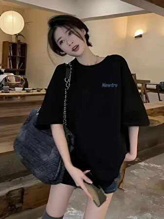Yonca Moda Evi Baskılı Oversize Bisiklet Yaka T-shirt - Siyah