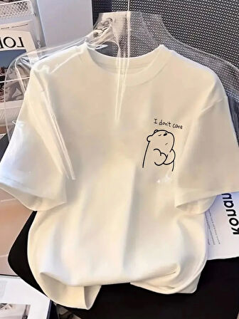 Yonca Moda Evi Baskılı Oversize Bisiklet Yaka T-shirt - Beyaz