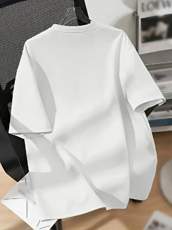 Yonca Moda Evi Baskılı Oversize Bisiklet Yaka T-shirt - Beyaz