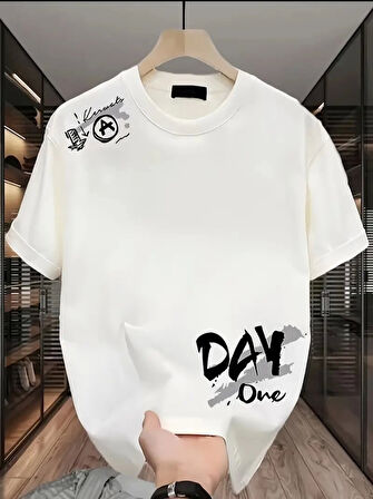 Yonca Moda Evi Baskılı Oversize Bisiklet Yaka T-shirt - Beyaz