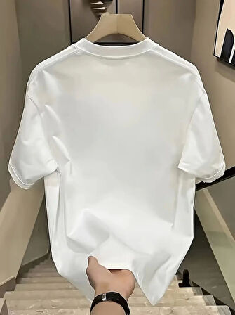 Yonca Moda Evi Baskılı Oversize Bisiklet Yaka T-shirt - Beyaz