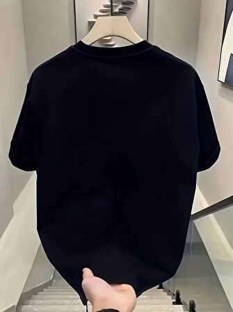 Yonca Moda Evi Baskılı Oversize Bisiklet Yaka T-shirt - Siyah