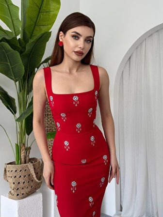 Yonca Moda Evi Ners Taş Detaylı Elbise