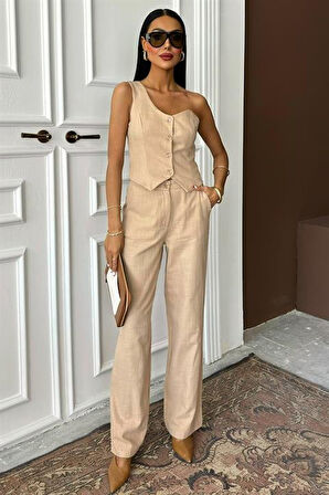 Yonca Moda Evi Tek Omuz Büstiyer Plazzo Pantolon Viscon Takım 10159