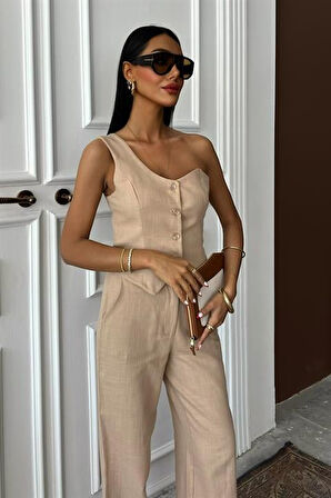 Yonca Moda Evi Tek Omuz Büstiyer Plazzo Pantolon Viscon Takım 10159