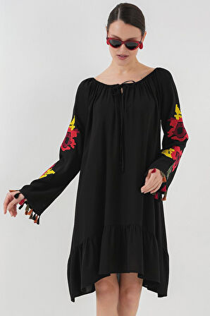 Yonca Moda Evi Nakışlı Midi Elbise 2531 - Siyah