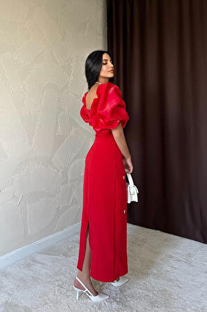 Yonca Moda Evi Kırmızı İşlemeli Kolu Garnili Elbise