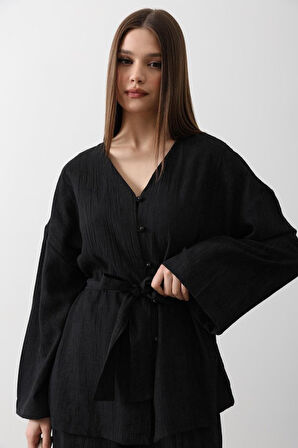 Yonca Moda Evi Beli Bağlamalı Tunik Ve Beli Bağlamalı Pantolon Takım - Siyah