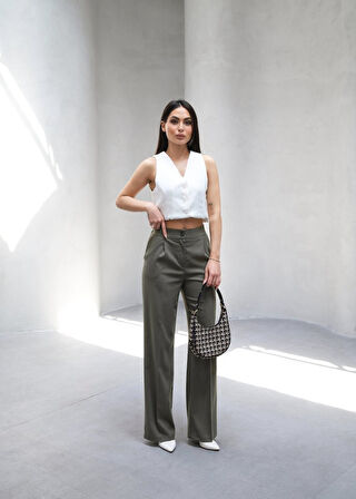 Yonca Moda Evi Arkasi Lasti̇kli̇ Pi̇leli̇ Dökümlü Wide Leg Pantolon