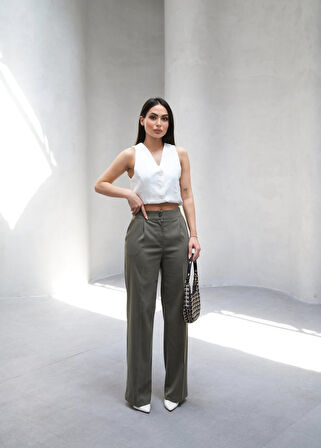 Yonca Moda Evi Arkasi Lasti̇kli̇ Pi̇leli̇ Dökümlü Wide Leg Pantolon