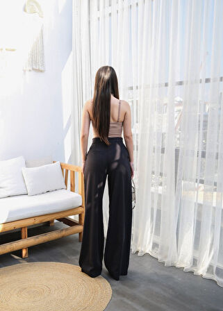 Yonca Moda Evi Keten Düğme Detayli Dökümlü Palazzo Pantolon