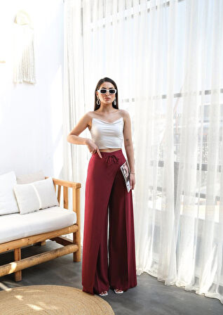 Yonca Moda Evi Keten Önü Çapraz Parçali Lasti̇kli̇ Ve Bağcikli Geni̇ş Paça Pantolon