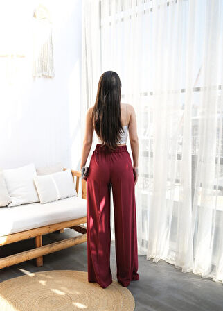 Yonca Moda Evi Keten Önü Çapraz Parçali Lasti̇kli̇ Ve Bağcikli Geni̇ş Paça Pantolon