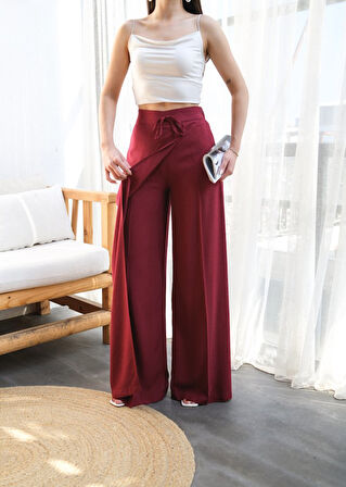 Yonca Moda Evi Keten Önü Çapraz Parçali Lasti̇kli̇ Ve Bağcikli Geni̇ş Paça Pantolon