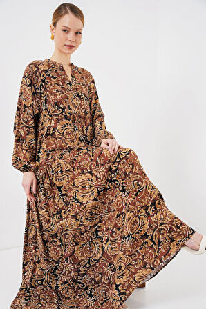 Yonca Moda Evi 2423 Otantik Desenli Tesettür Elbise - Camel