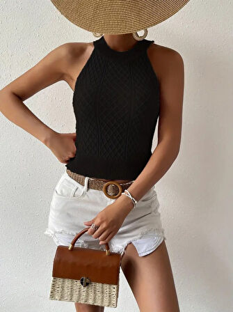 Yonca Moda Evi Kadın Kolsuz Halter Yaka Mini Baklava Desenli Triko Bluz