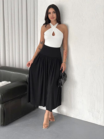 Yonca Moda Evi Sandy Uzun Yüksel Bel Etek - Siyah