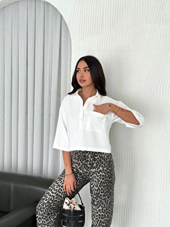 Yonca Moda Evi Crop Yakalı Gömlek Üç Çeyrek Sleeve Kol - Beyaz