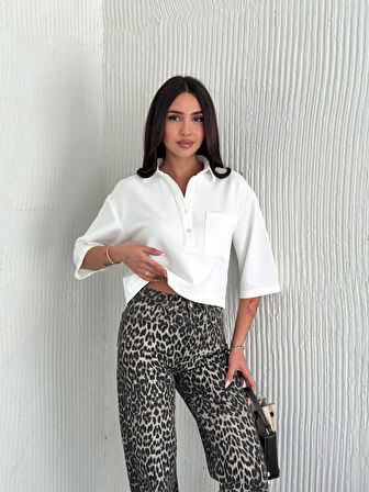 Yonca Moda Evi Crop Yakalı Gömlek Üç Çeyrek Sleeve Kol - Beyaz